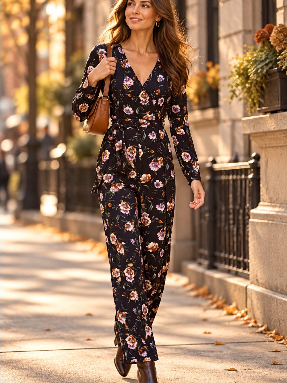 mi ami Navy Floral Long Sleeve Belted Jumpsuit Size M